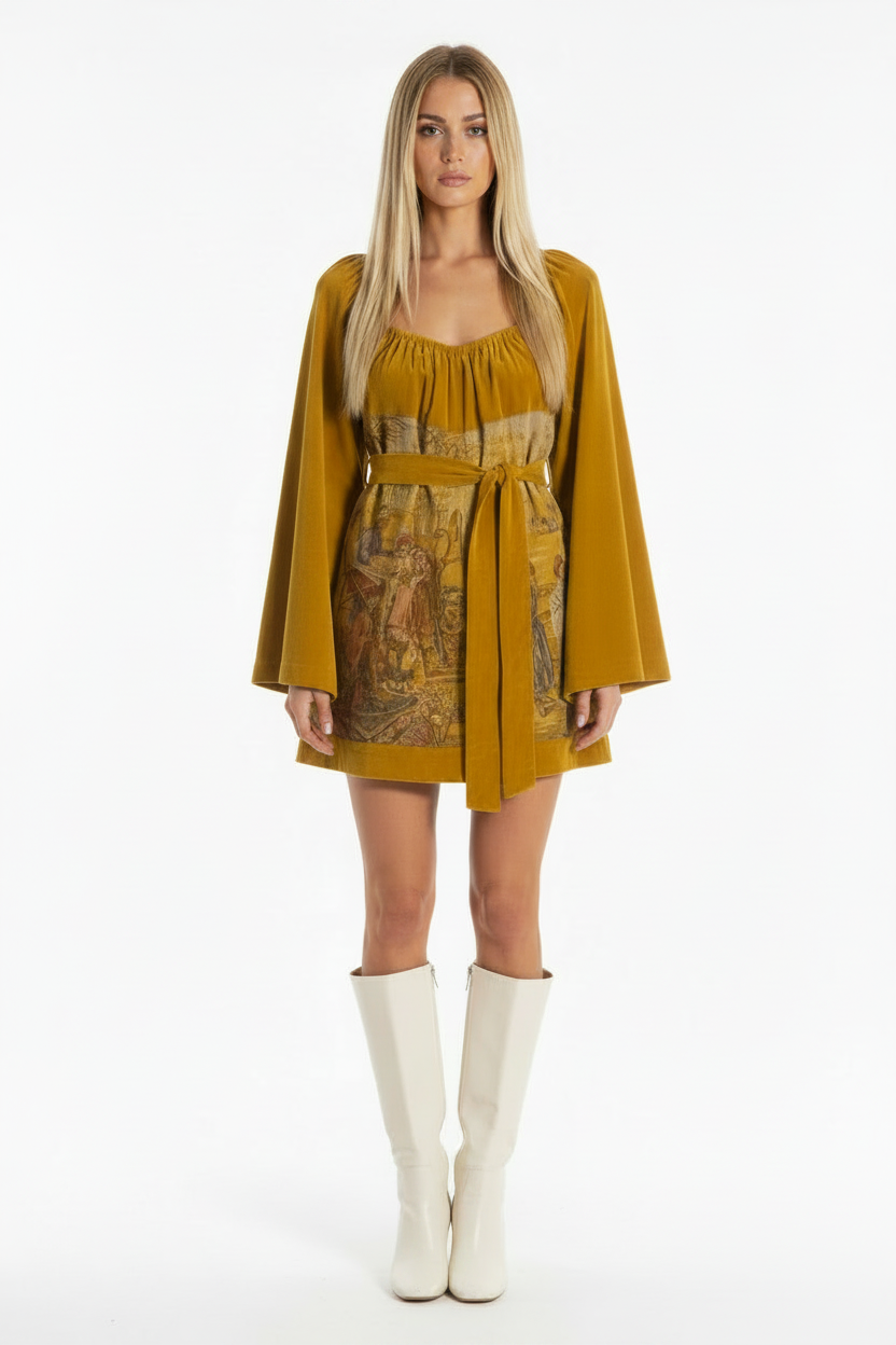 1960’S SCENIC FRENCH MARKET TAPESTRY MADE IN USA GOLDEN MUSTARD VELVET &amp; BELL-SLEEVE RENAISSANCE REVIVAL MINI GOWN SMALL