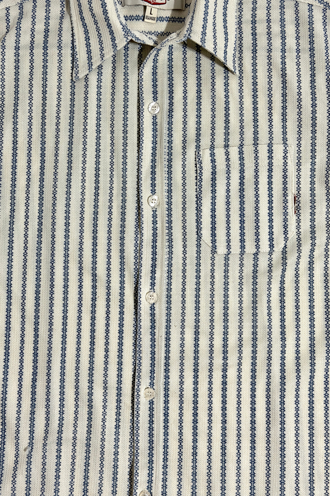 1990’S BC ETHIC MADE IN CROPPED USA STRIPED KNIT CAMP COLLAR S/S B.D. SHIRT LARGE
