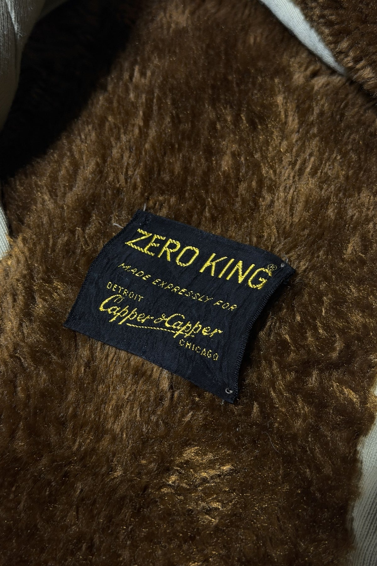1960's Zero King made in USA tan wind and water repellent faux fur lined hooded double breasted coat large