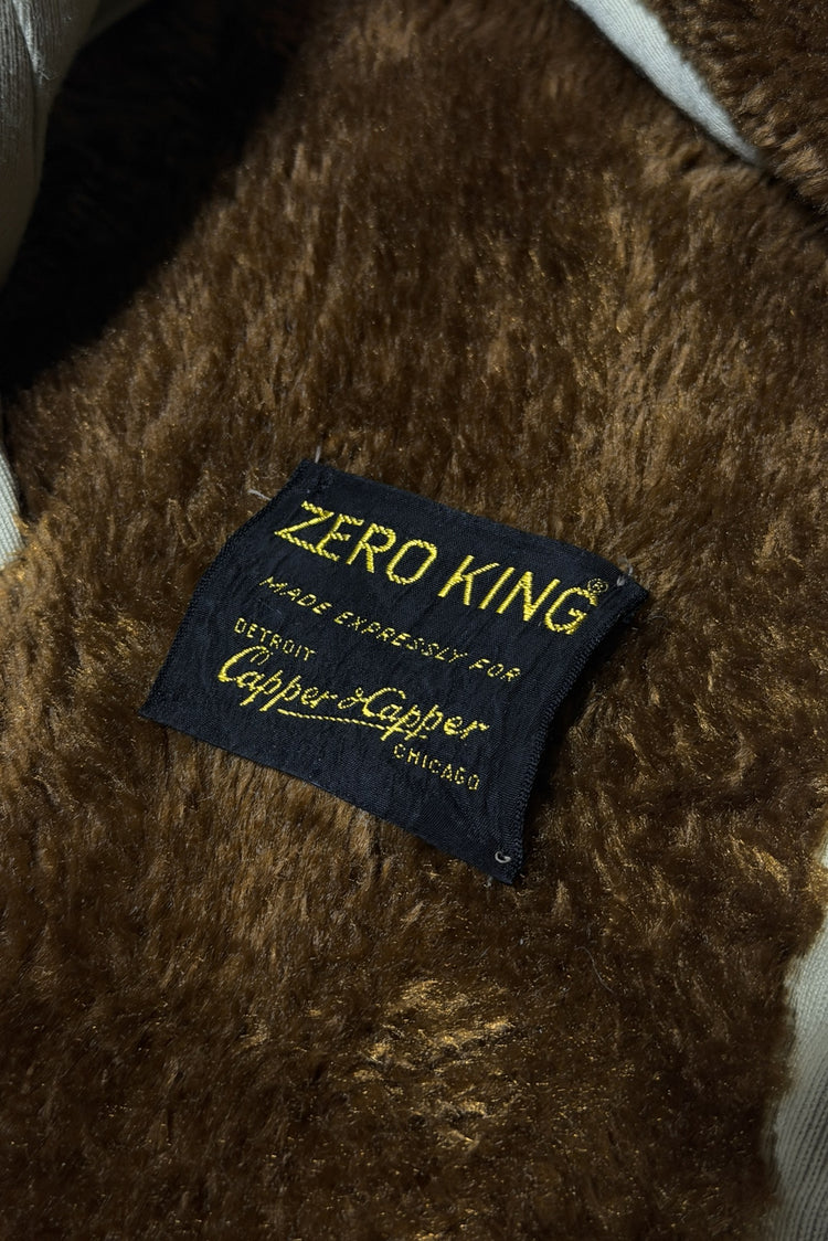 1960's Zero King made in USA tan wind and water repellent faux fur lined hooded double breasted coat large