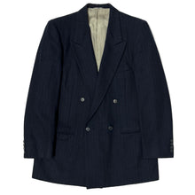 Load image into Gallery viewer, 1980’S VALENTINO UNION MADE IN USA GREEN PINSTRIPE DOUBLE BREASTED NAVY SUIT JACKET 40R
