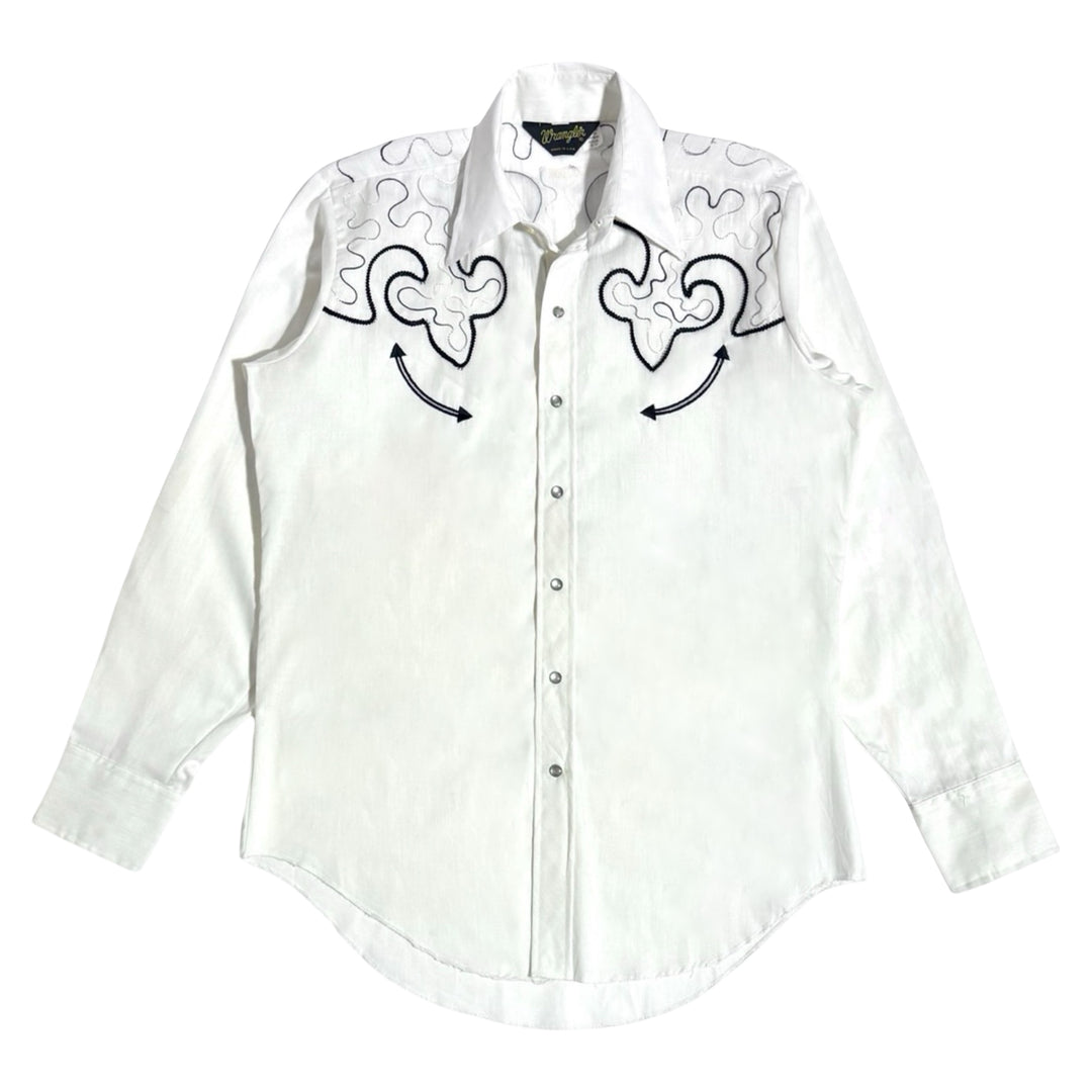 1970’S WRANGLER MADE IN USA CHAINSTITCHED WESTERN SMILE POCKET PEARL SNAP L/S B.D. SHIRT X-LARGE