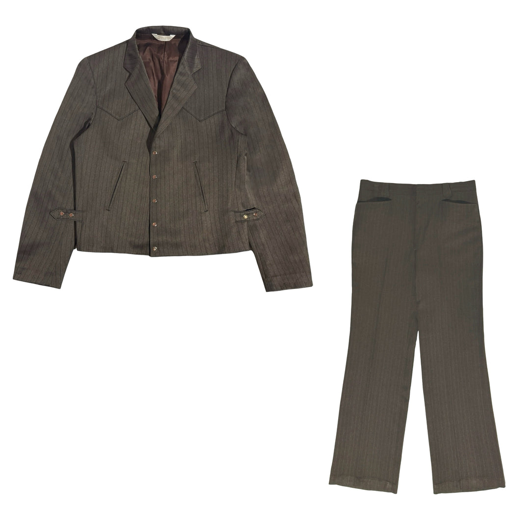 1970’S MESQUITE MADE IN USA CROPPED BROWN STRIPED WESTERN 2 PIECE SUIT 42R