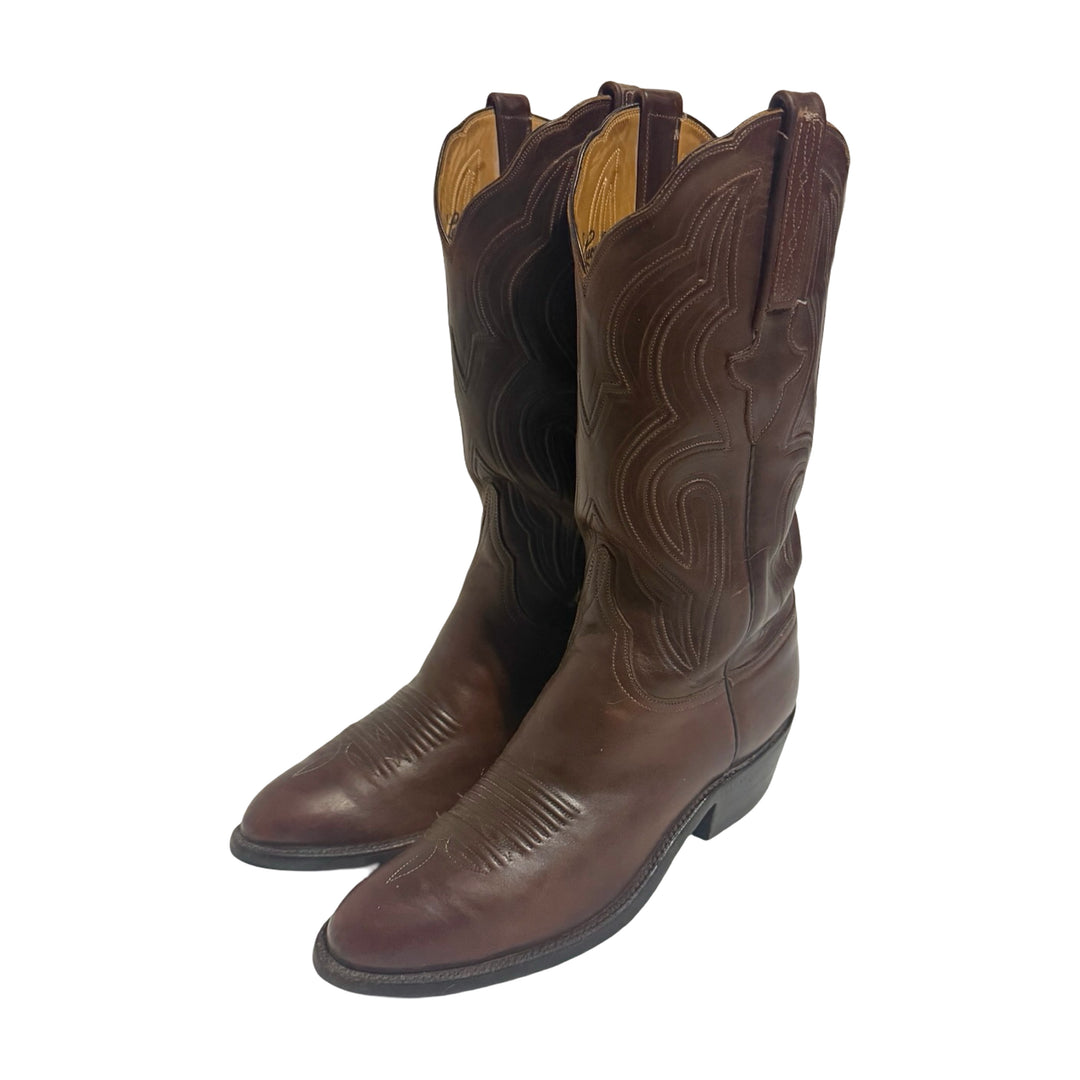 1990’S LUCCHESE CLASSICS HANDMADE IN USA EMBROIDERED BROWN LEATHER COWBOY BOOTS 8.5