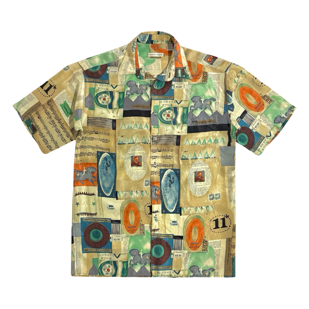 1980’S BURMA BIMAS 100% SILK ITALIA PRINTED CAMP COLLAR S/S B.D. SHIRT X-LARGE