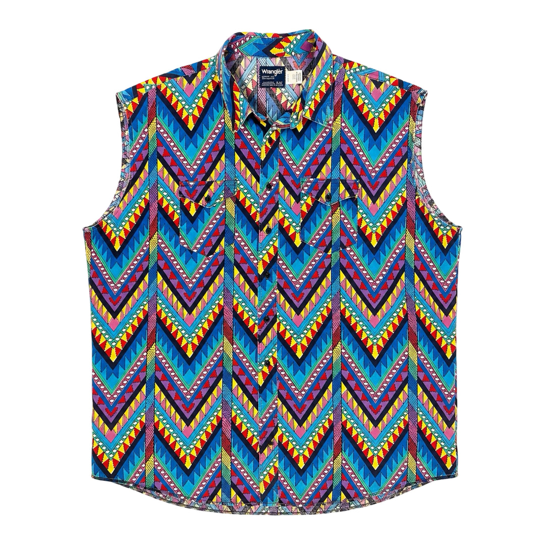 1990’S WRANGLER MADE IN USA SOUTHWESTERN PARTY PRINT WESTERN SLEEVELESS B.D. SHIRT XXL