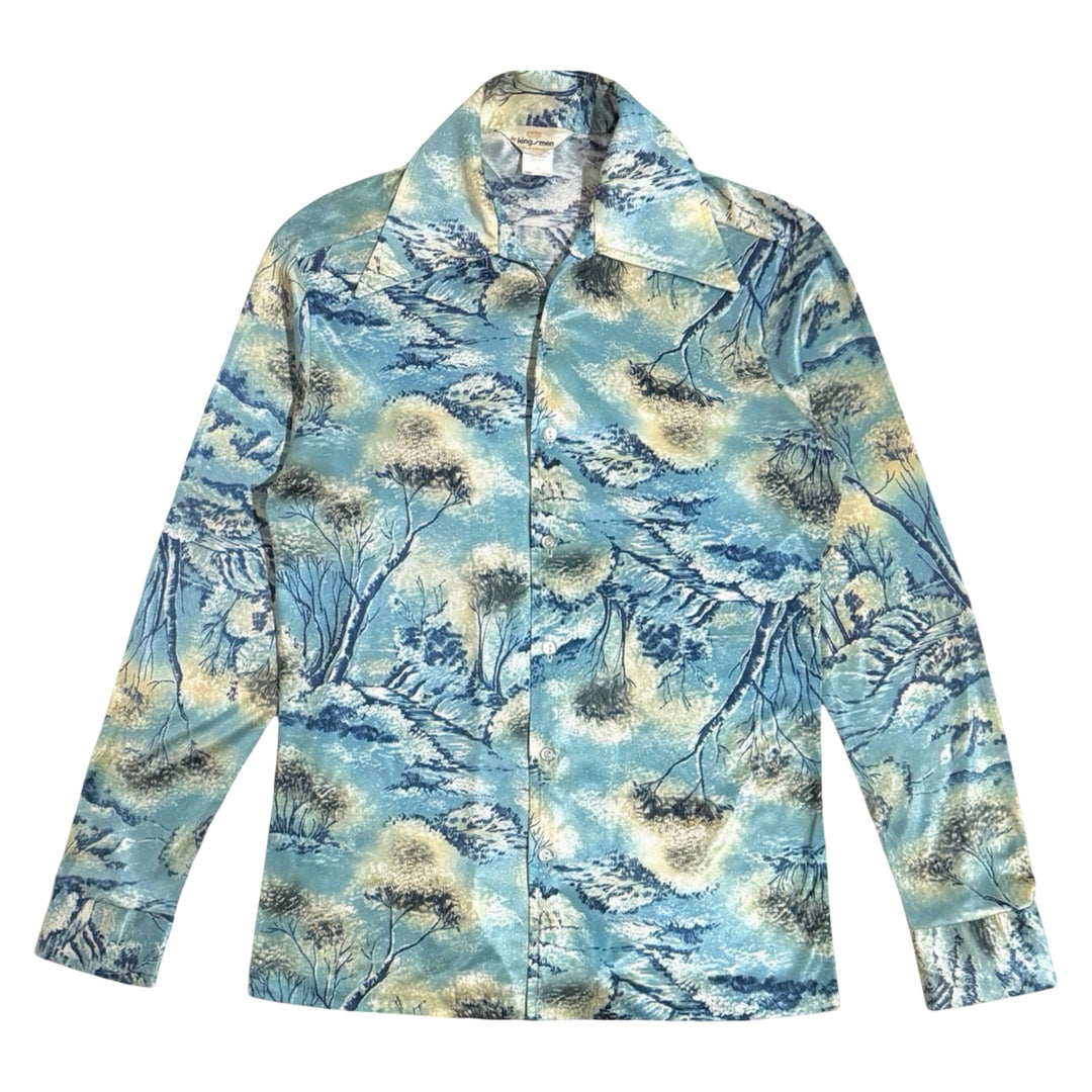 1970’S KINGSMEN CALIFORNIA MADE IN USA NOVELTY BLUE FOREST PRINT DISCO L/S B.D. SHIRT MEDIUM