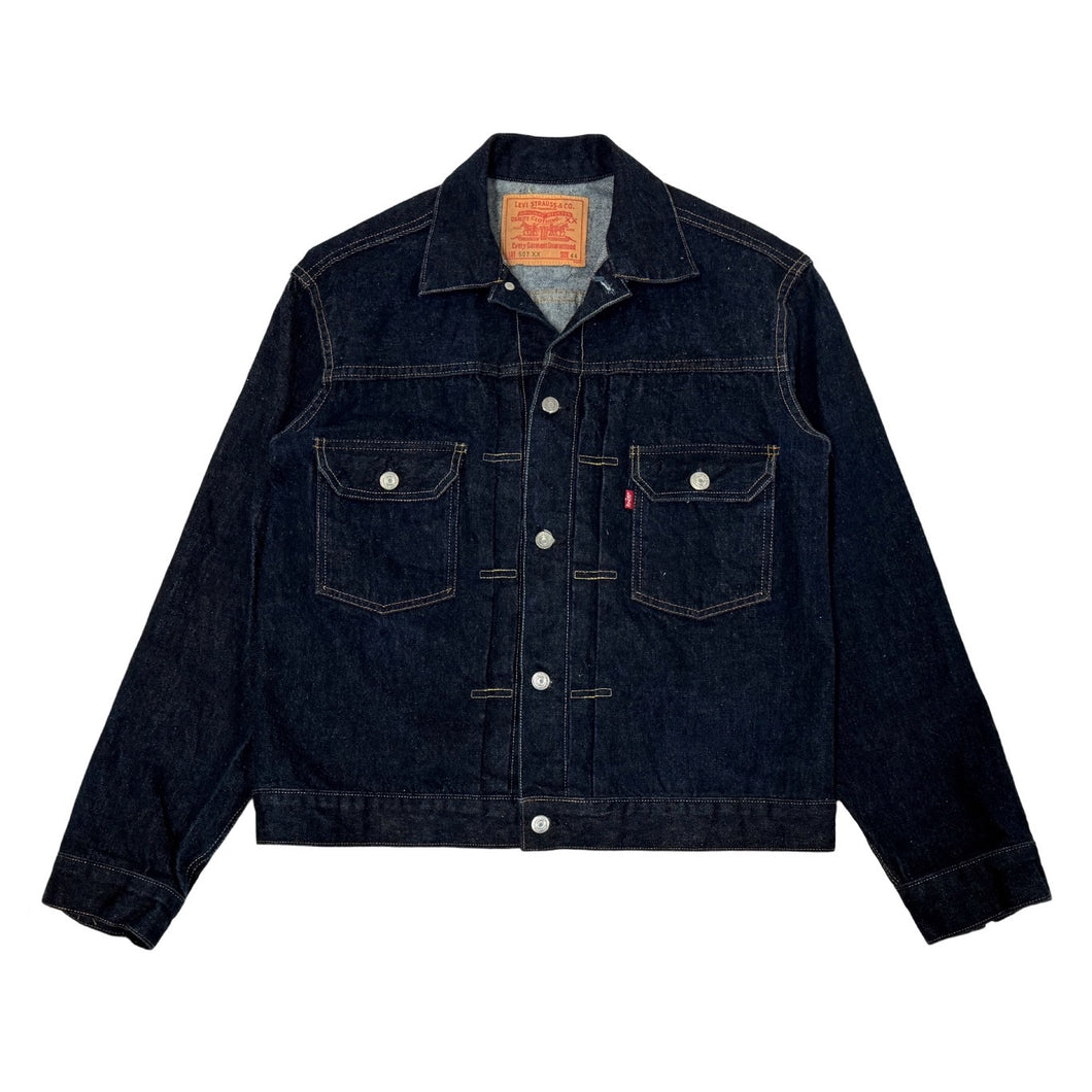 1990’S LEVI’S BIG E 507XX 1997 LVC VALENCIA STREET REISSUE MADE IN USA CROPPED SELVEDGE DENIM TRUCKER JACKET MEDIUM