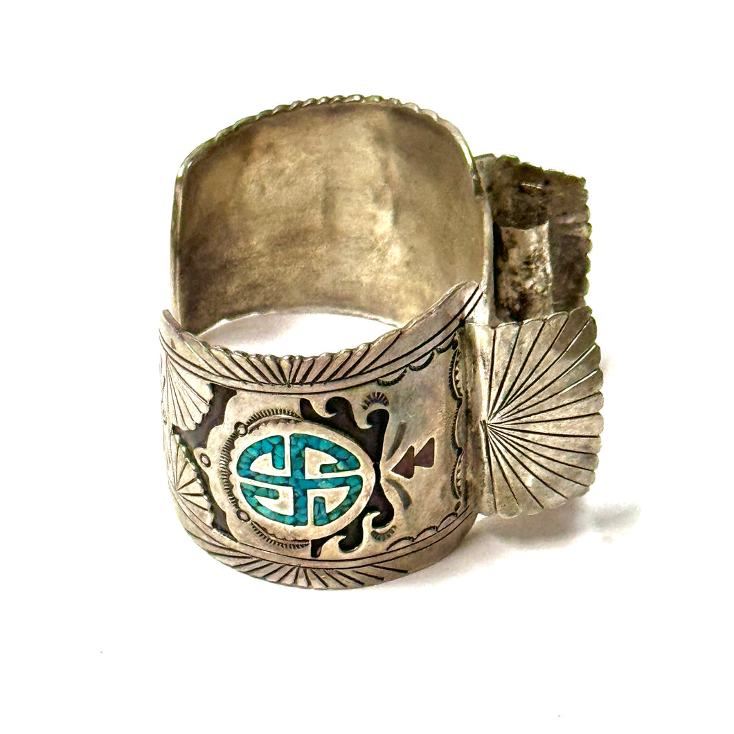 1960’S STERLING SILVER TURQUOISE INLAY WHIRLING LOG WATCH CUFF BRACELET