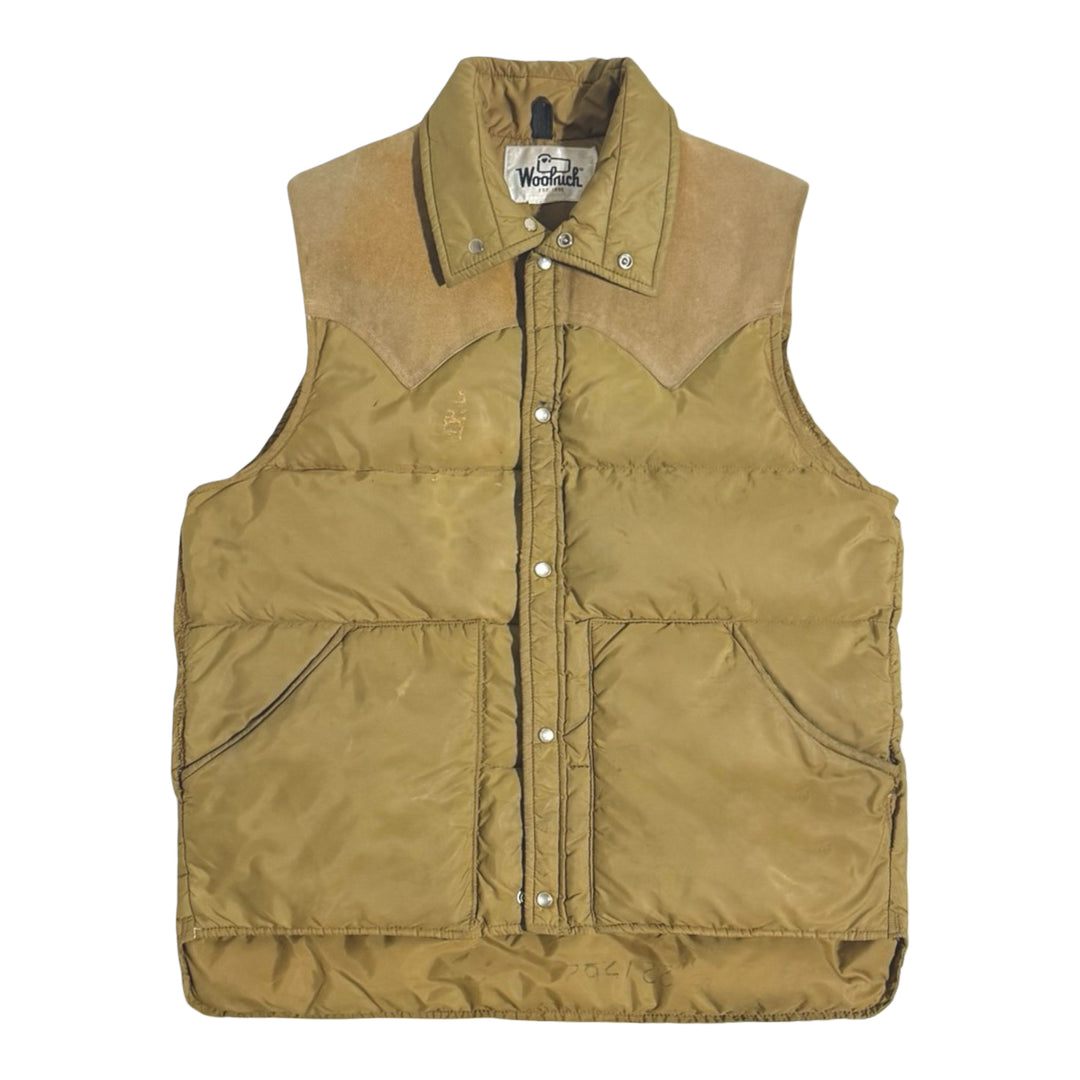 1970’S WOOLRICH MADE IN USA THRASHED & REPAIRED SUEDE LEATHER YOKE QUILTED GOOSE DOWN VEST LARGE
