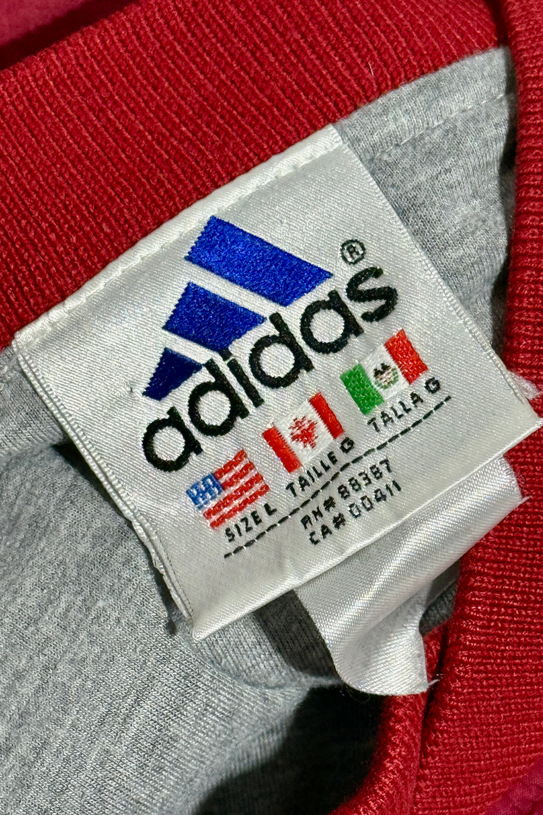 1990’S ADIDAS WHITE TAG TREFOIL EMBROIDERED SIDE ZIP CREWNECK WINDBREAKER DARK RED PULL OVER JACKET X-LARGE