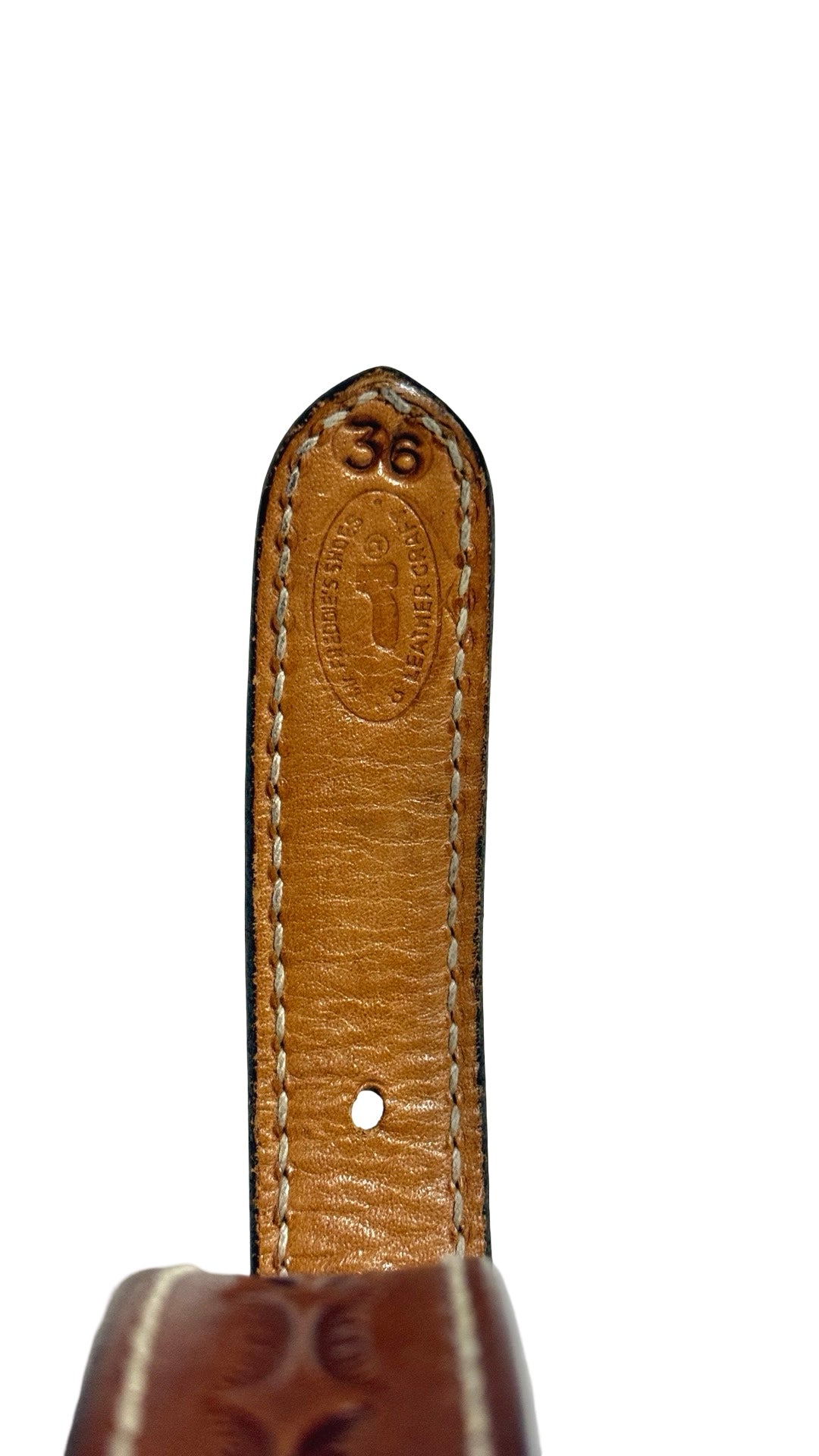 1980’S FREDDIE’S LEATHERCRAFT MADE IN USA WESTERN RHINESTONE SILVERTONE HAND STAMPED LEATHER BELT 36