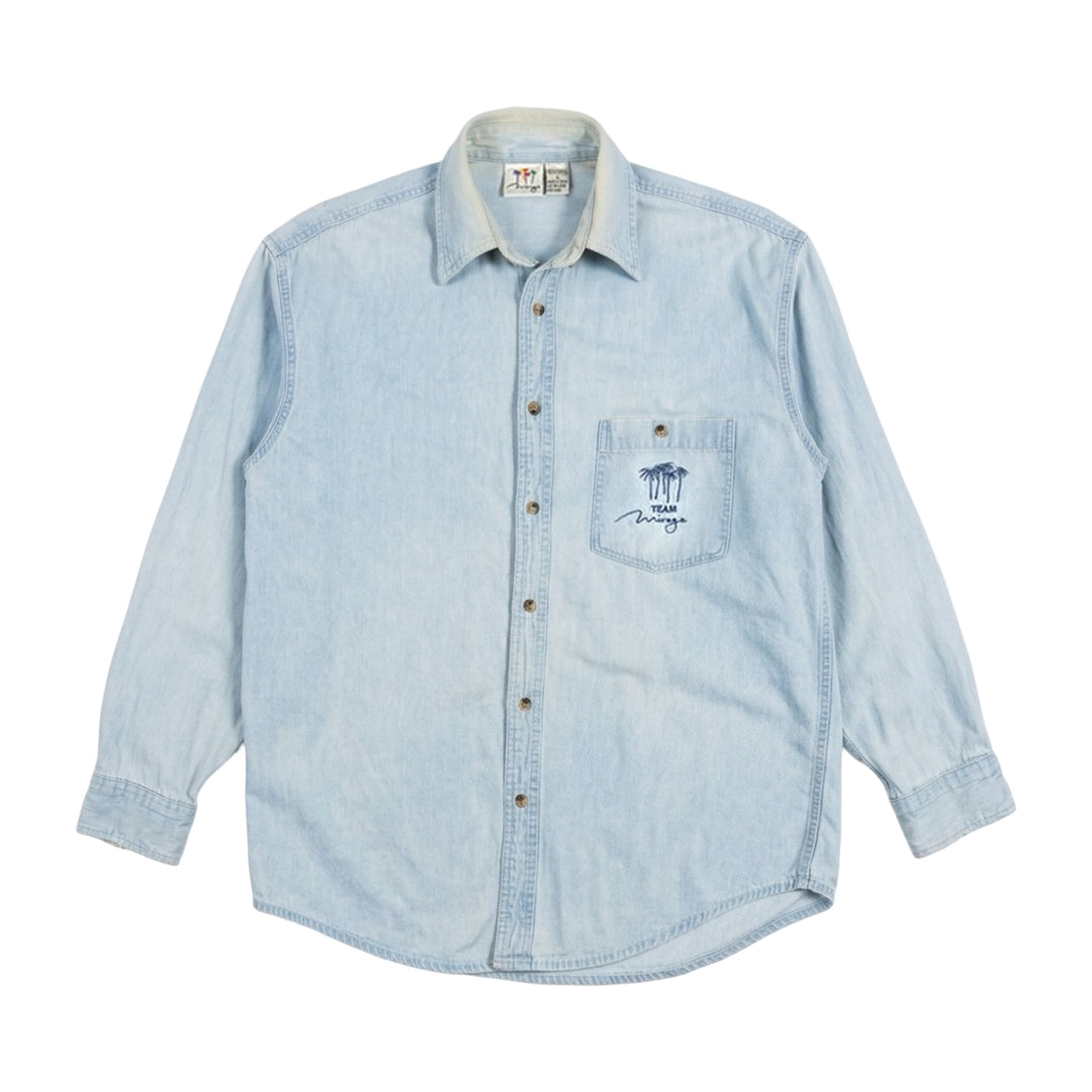 1990’S MIRAGE LAS VEGAS THRASHED & FADED DENIM L/S B.D. SHIRT LARGE