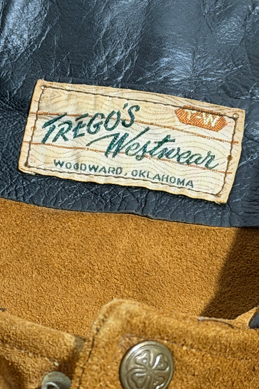 1950’S TREGO’S WESTWEAR MADE IN USA CROPPED BLACK LAMB COLLAR COGNAC SUEDE WESTERN TRUCKER JACKET LARGE
