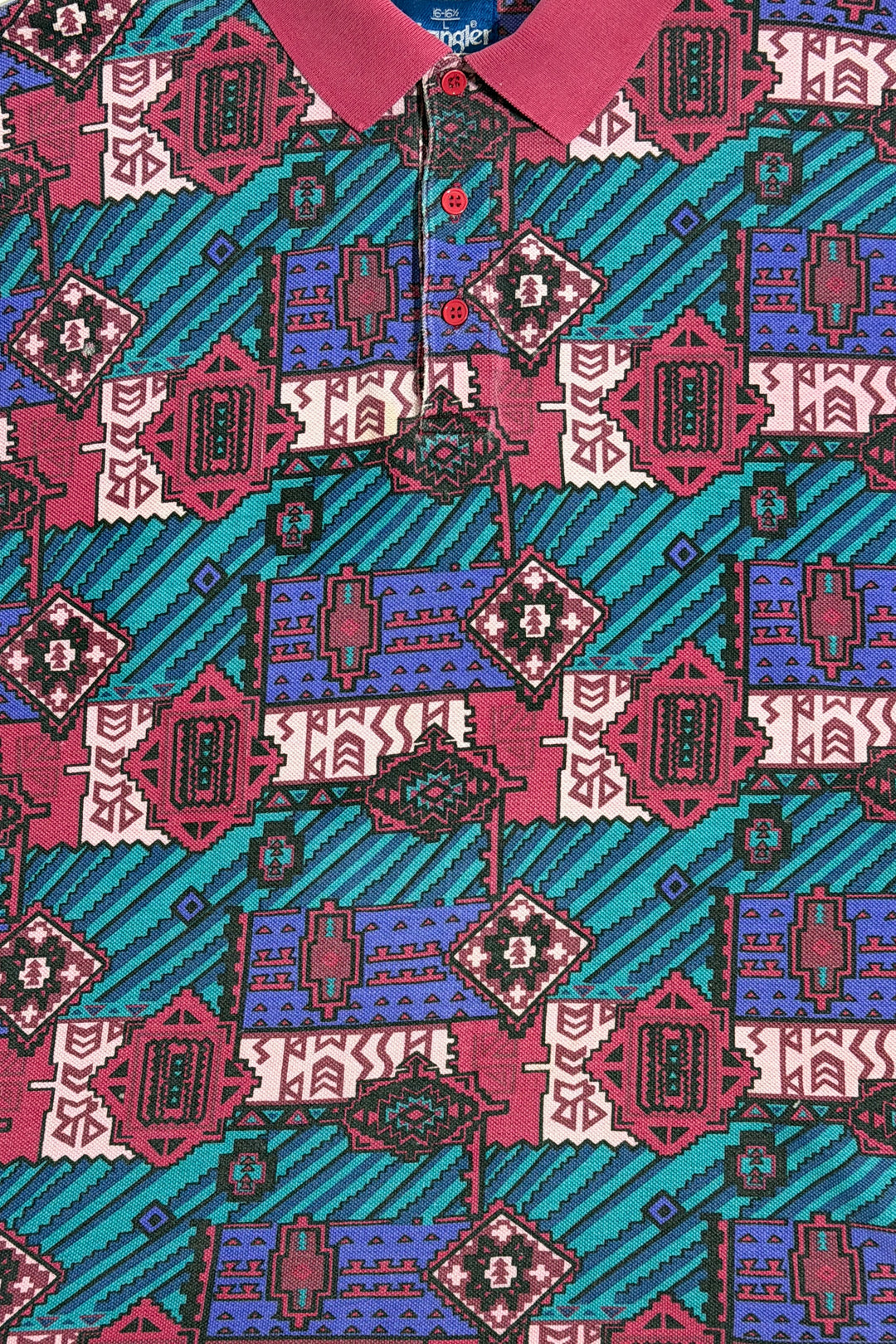 1980’S WRANGLER MADE IN USA SOUTHWESTERN PRINT KNIT S/S B.D. POLO SHIRT LARGE