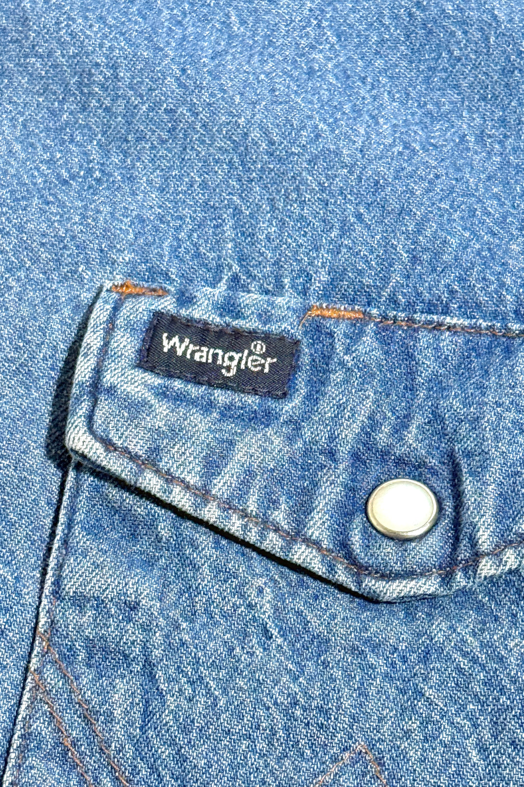 MASK X WRANGLER MADE IN USA HAND CHAINSTITCHED WESTERN MEDIUM WASH FADED WESTERN DENIM L/S B.D. SHIRT S-XXL