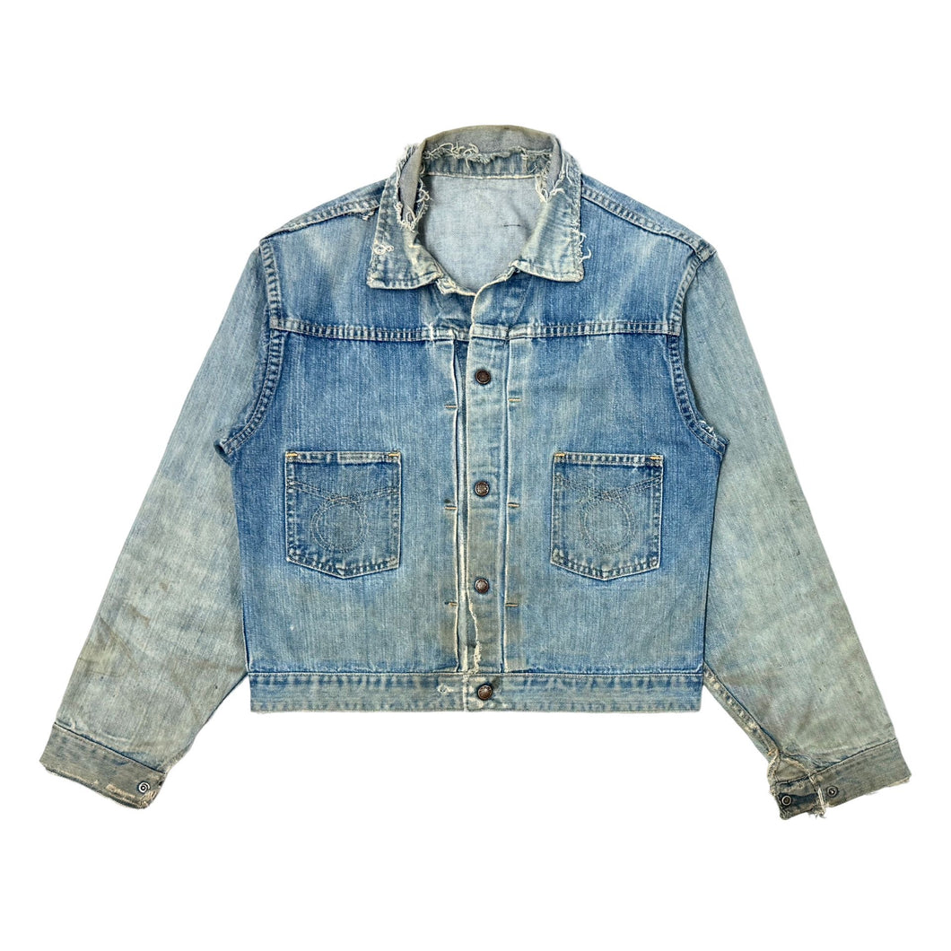 1950’S MONTGOMERY WARD 101 MADE IN USA CROPPED SELVEDGE THRASHED & FADED DENIM TRUCKER JACKET MEDIUM