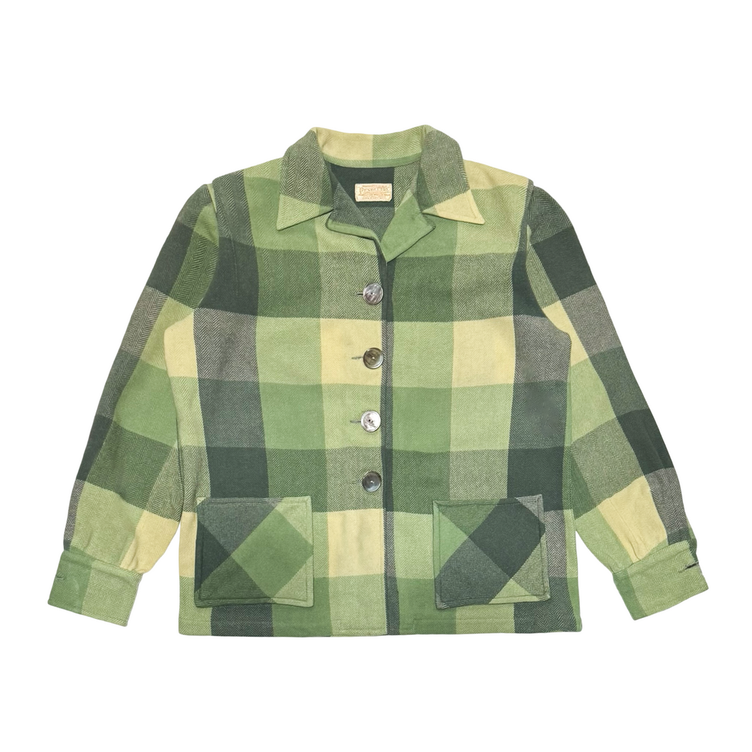 1950S PENDLETON “49ER” SAGE FOREST GREEN AND CREAM HERRINGBONE WOOL PLAID JACKET WITH MOTHER OF PEARL BUTTONS