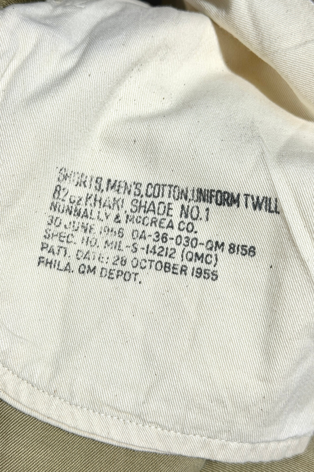 1950’S US ARMY MADE IN USA TYPE-1 PLEATED COTTON KHAKI TWILL 8” SHORTS 32