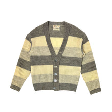 Load image into Gallery viewer, 1950’S BRENTWOOD SPORTSWEAR MADE IN USA CROPPED STRIPED SCOTCH MIST SUEDE PATCHED MIRAPACA WOOL CARDIGAN SWEATER LARGE
