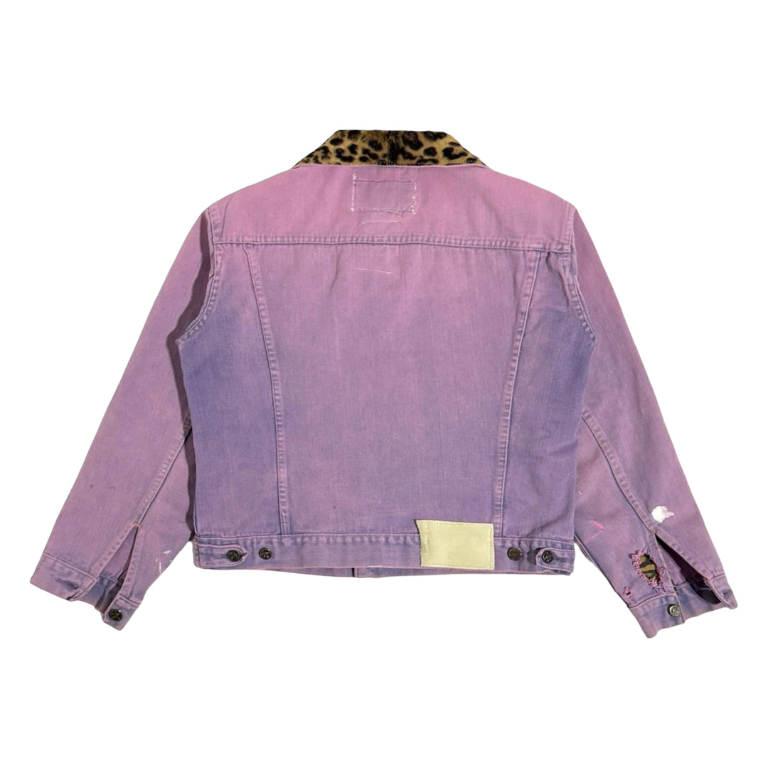 1970’S MASK X DUDE WESTERN MADE IN USA CROPPED LEOPARD LEATHER COLLAR OVERDYE DENIM TRUCKER JACKET MEDIUM