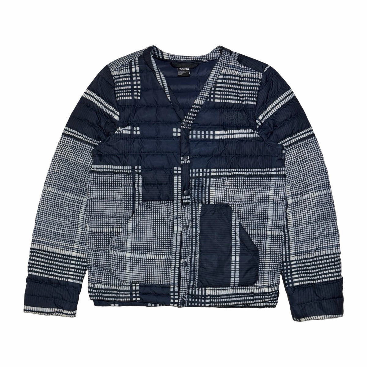 The North Face navy grid print down liner jacket front
