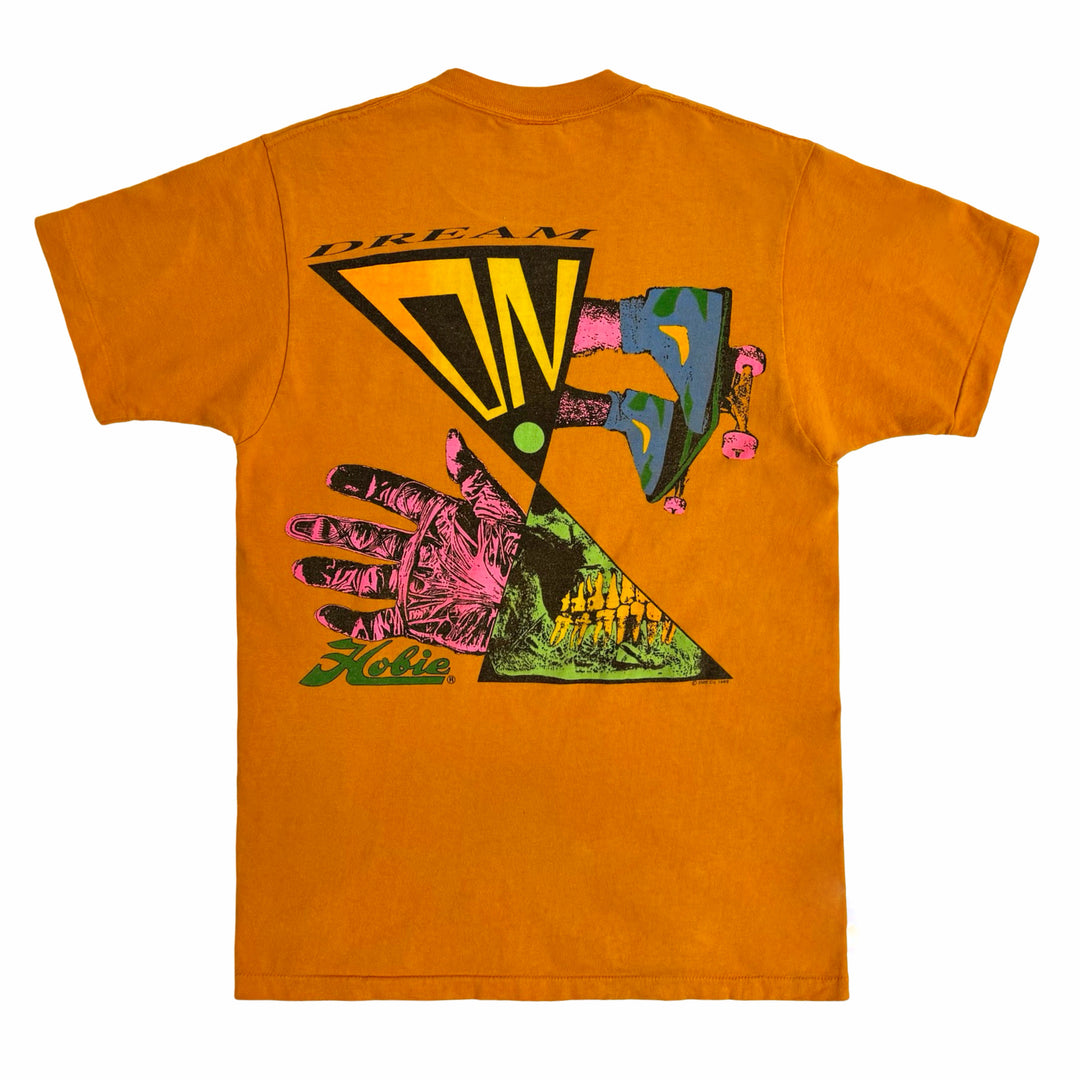 1980’S HOBIE SURFBOARDS MADE IN USA SKATEBOARDING ORANGE SINGLE STITCH “DREAM ON” GRAPHIC S/S T-SHIRT WOMEN’S MEDIUM / MEN’S SMALL