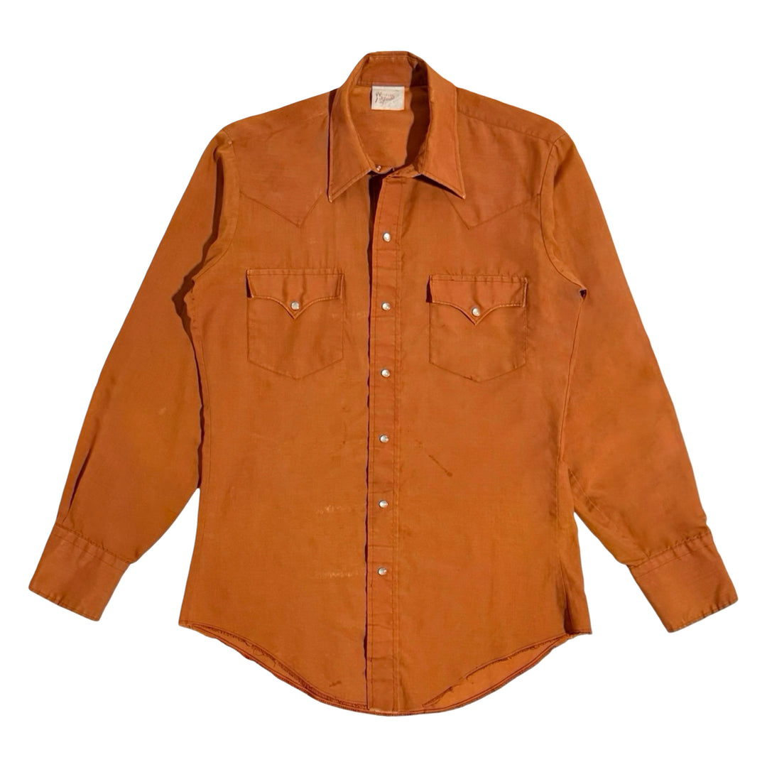 1970’S WESTERN FASHIONS MADE IN USA TEXAS ORANGE WESTERN PEARL SNAP L/S B.S. SHIRT MEDIUM