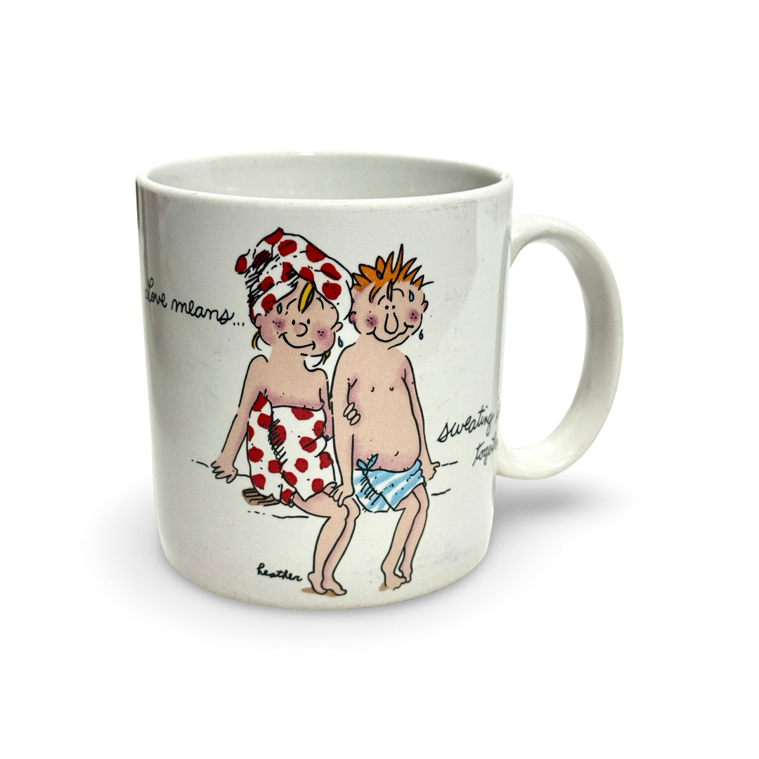 1980’S APPLAUSE “LOVE MEANS SWEATING TOGETHER” CERAMIC COFFEE MUG
