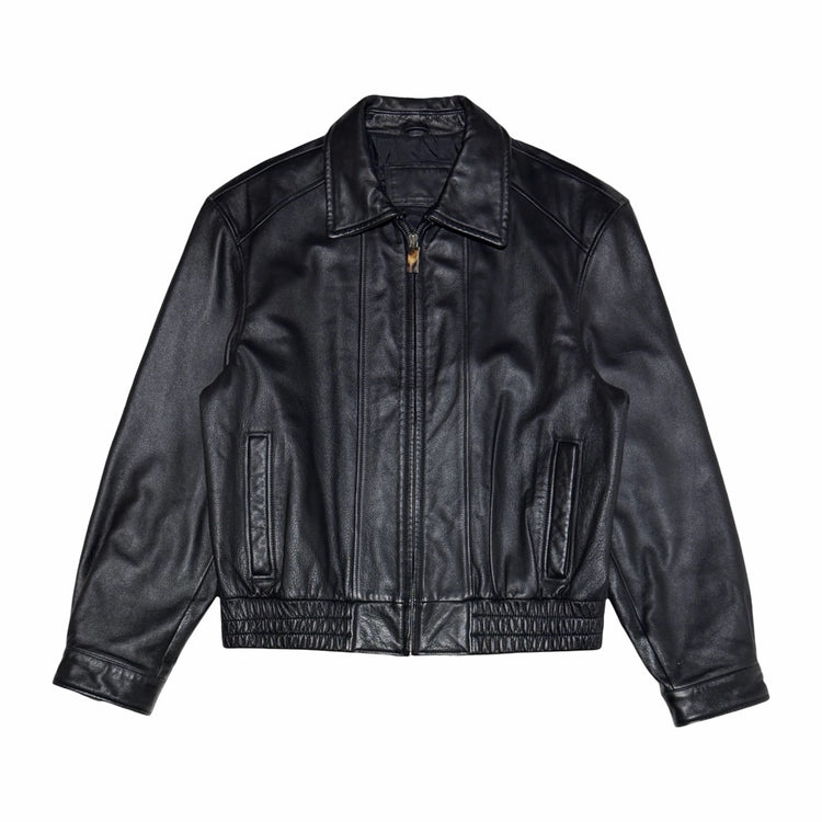 1990's black leather cropped bomber jacket large