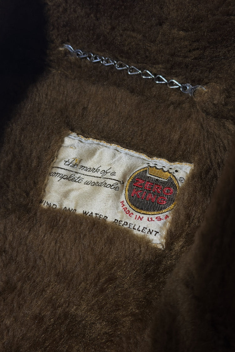 1960's Zero King made in USA tan wind and water repellent faux fur lined hooded double breasted coat large