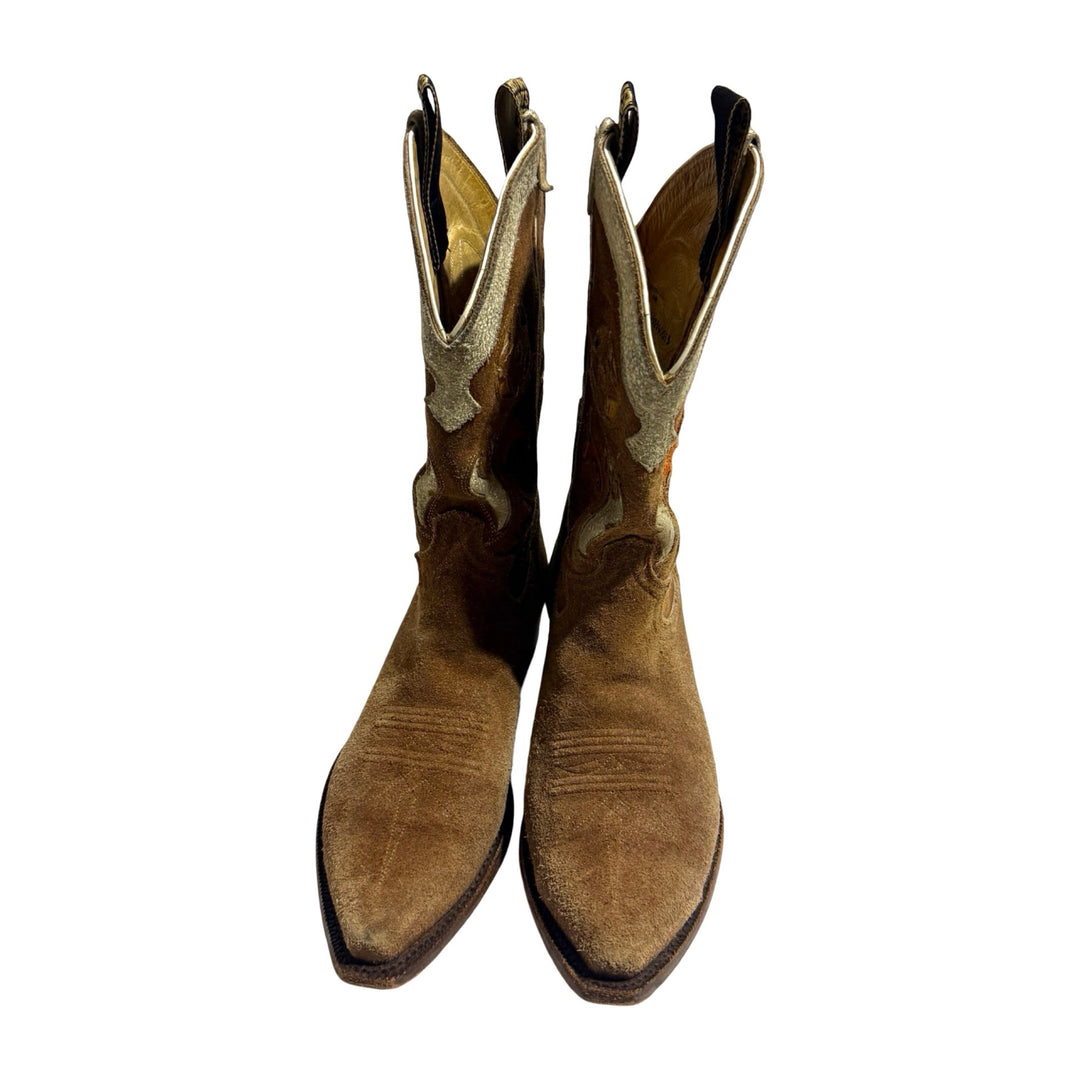 2000’S JUSTIN BOOTS VINTAGE LINE BROWN SUEDE CUT OUT LEATHER INLAY POINTED SNIP TOE COWBOY BOOTS 10