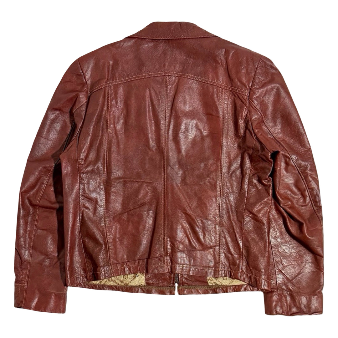 1970’S GRAIS MADE IN USA CROPPED CABRETTA ITALIAN HONEY LEATHER PATTERNED SATIN LINED WESTERN JACKET LARGE