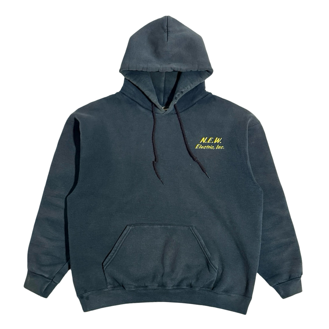 1990’S ELECTRICIAN MADE IN USA FADED & THRASHED CROPPED BLACK FLEECE HOODIE SWEATER X-LARGE