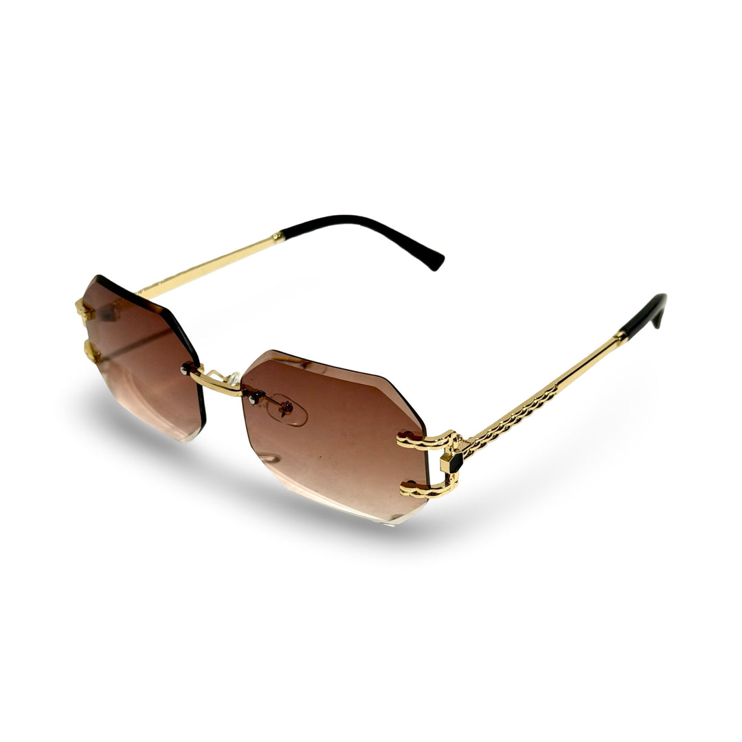 1970’S GOLD RIMLESS DIAMOND-CUT OCTAGON GRADIENT BROWN LENS SUNGLASSES