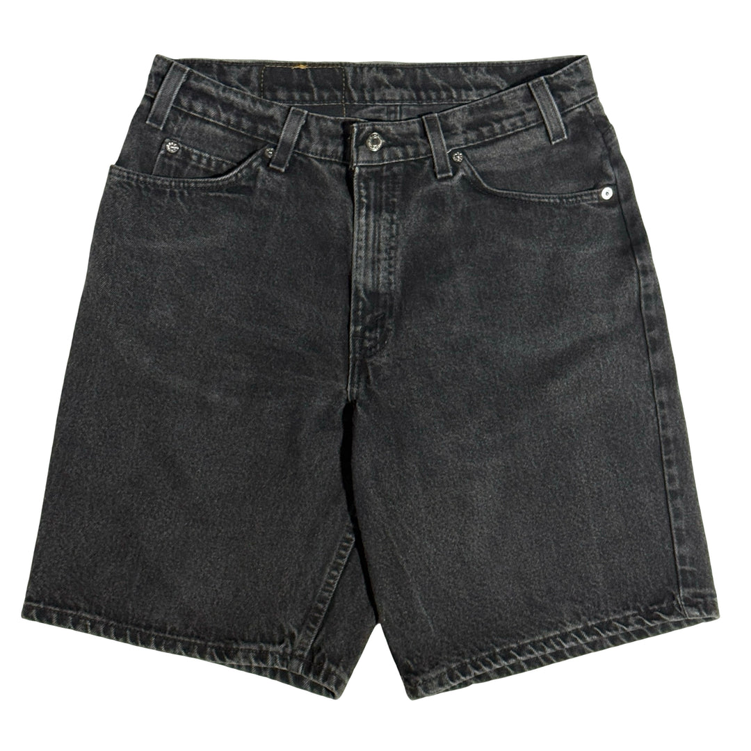 1990’S LEVI’S ORANGE TAB 560 MADE IN USA FADED BAGGY 9” BLACK DENIM SHORTS 30
