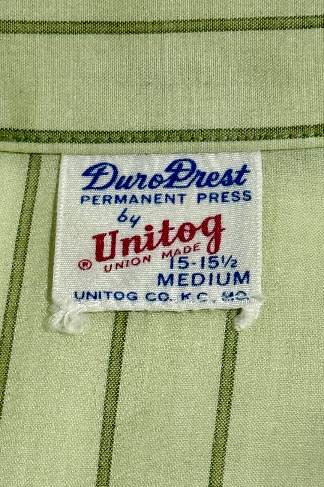 1960’S UNITOG UNION MADE IN USA KORATRON “TEXACO” PATCHED STRIPED SELVEDGE WORKWEAR L/S B.D. SHIRT LARGE