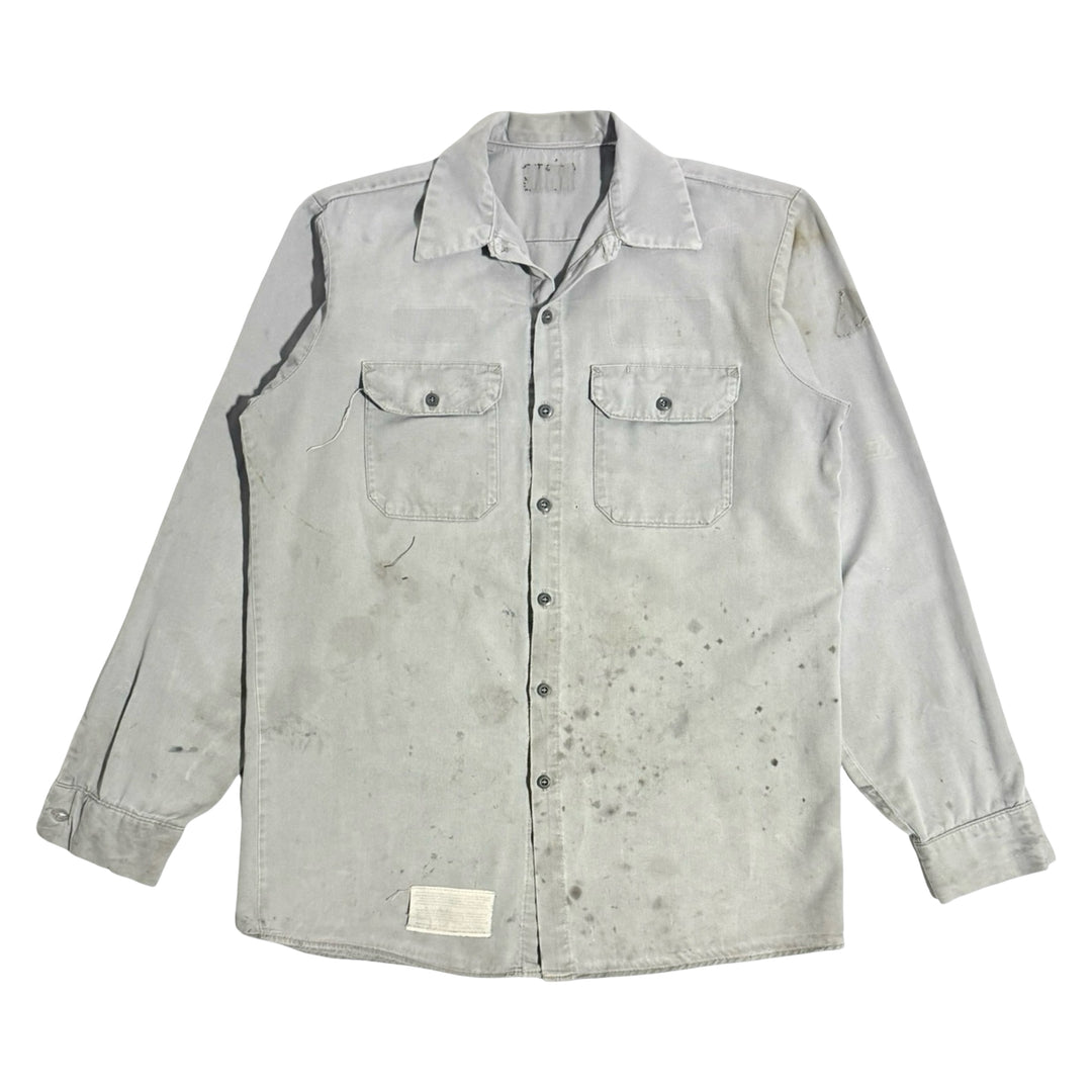 1990’S THRASHED &amp; FADED MADE IN USA WORKWEAR TWILL TWO POCKET L/S B.D. SHIRT LARGE