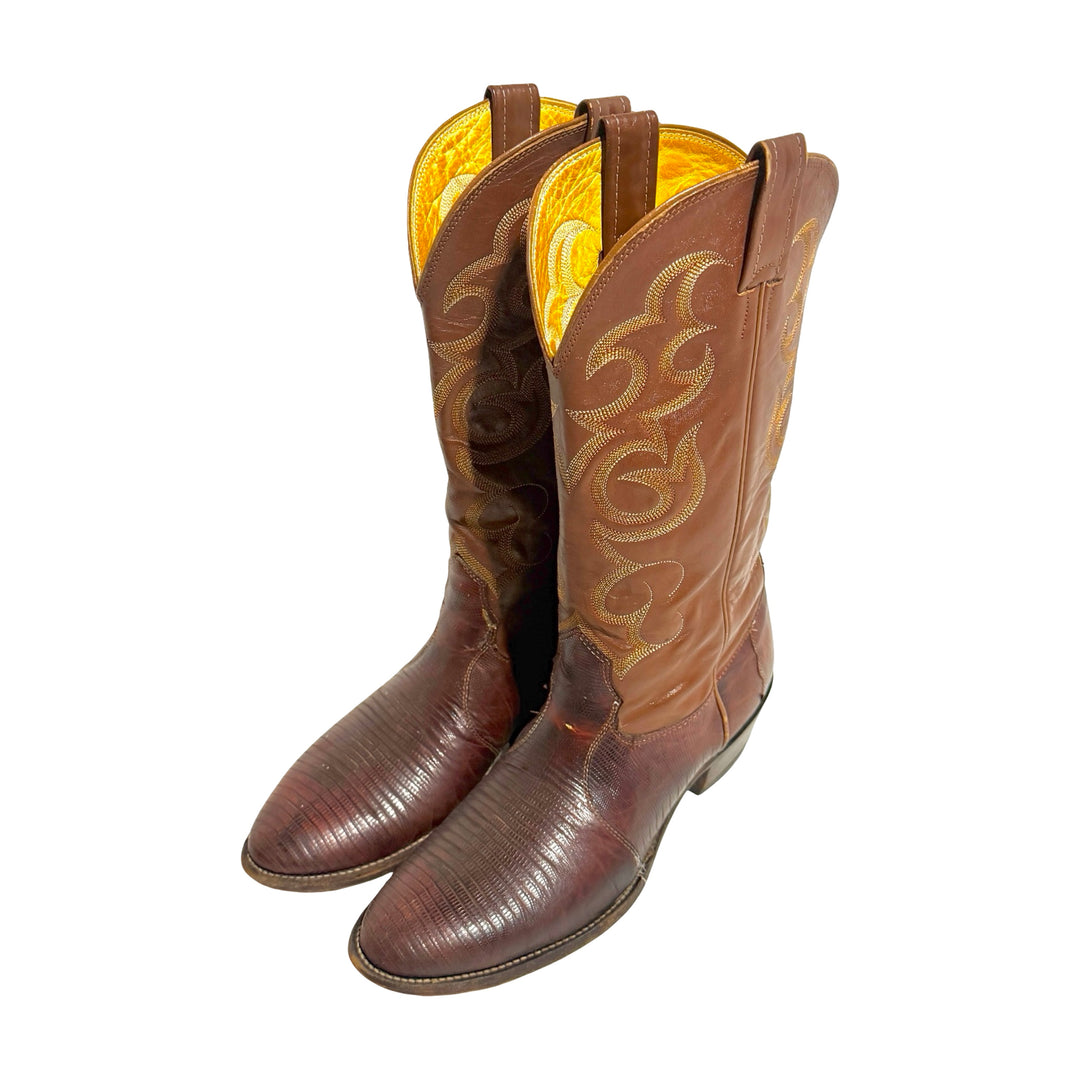 1990’S NACONA BOOTS MADE IN USA BROWN LIZARD 🦎 LEATHER EMBROIDERED ROUND TOE COWBOY BOOTS 10