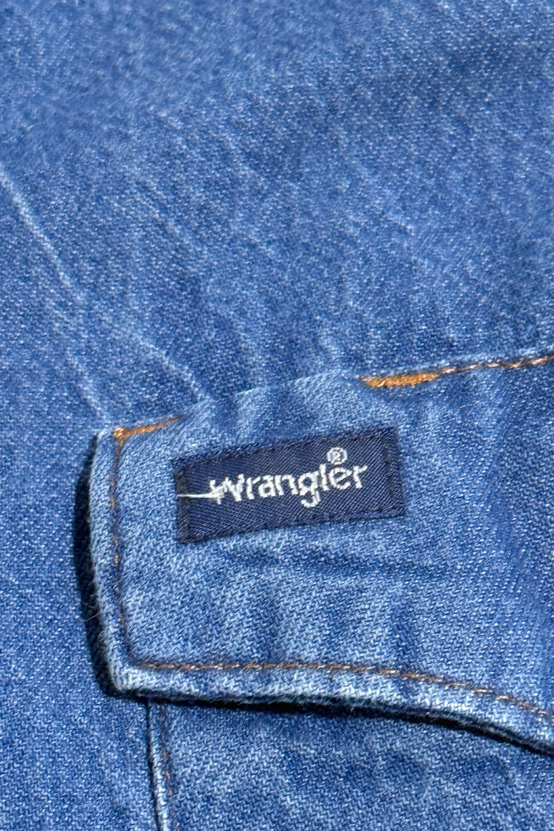 MASK X WRANGLER MADE IN USA HAND CHAINSTITCHED WESTERN S/S PEARL SNAP DENIM SHIRT LARGE