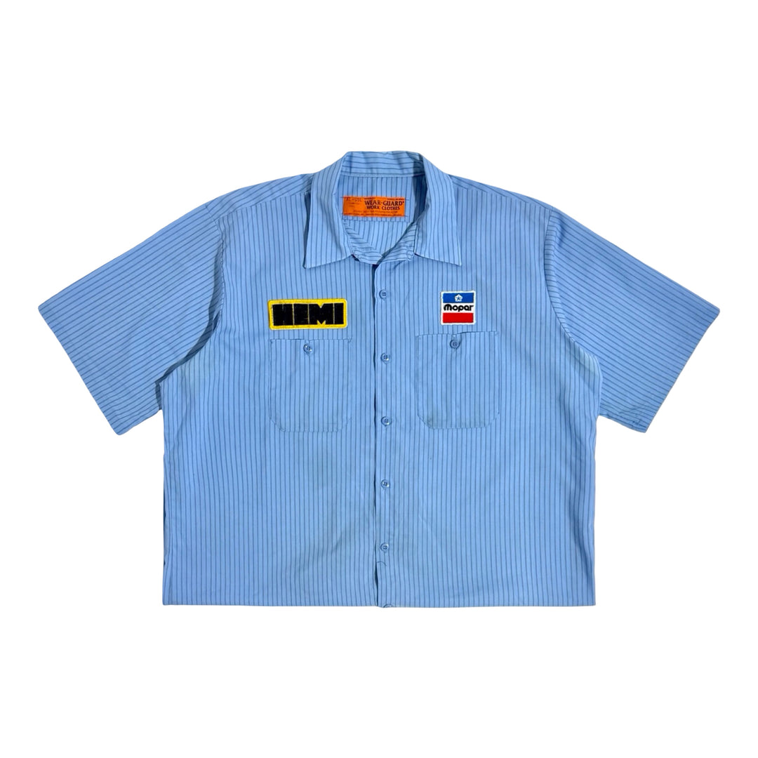 1980’S WEAR-GUARD MADE IN USA CROPPED STRIPED BLUE MOPAR HEMI S/S B.D. WORK SHIRT X-LARGE