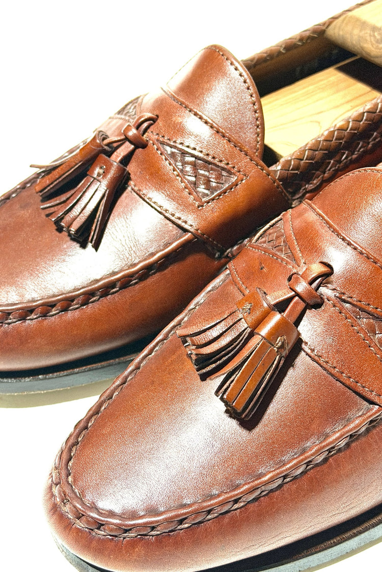 1990's Allen Edmonds Maxfield made in USA chestnut leather woven tassel loafers 9.5 D