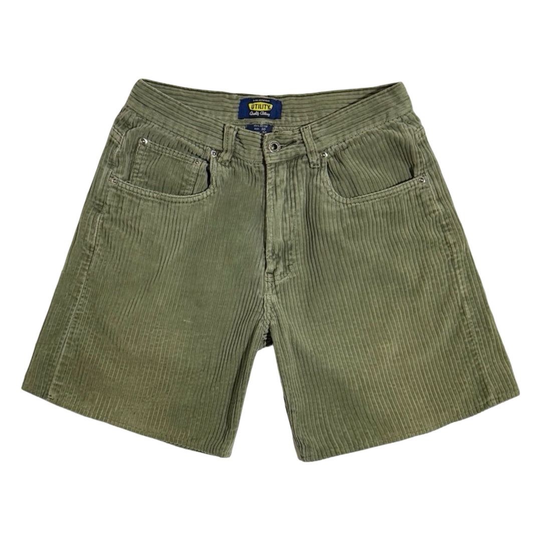 1990’S UTILITY FADED OLIVE WIDE WALE CORDUROY 7” SHORTS 30