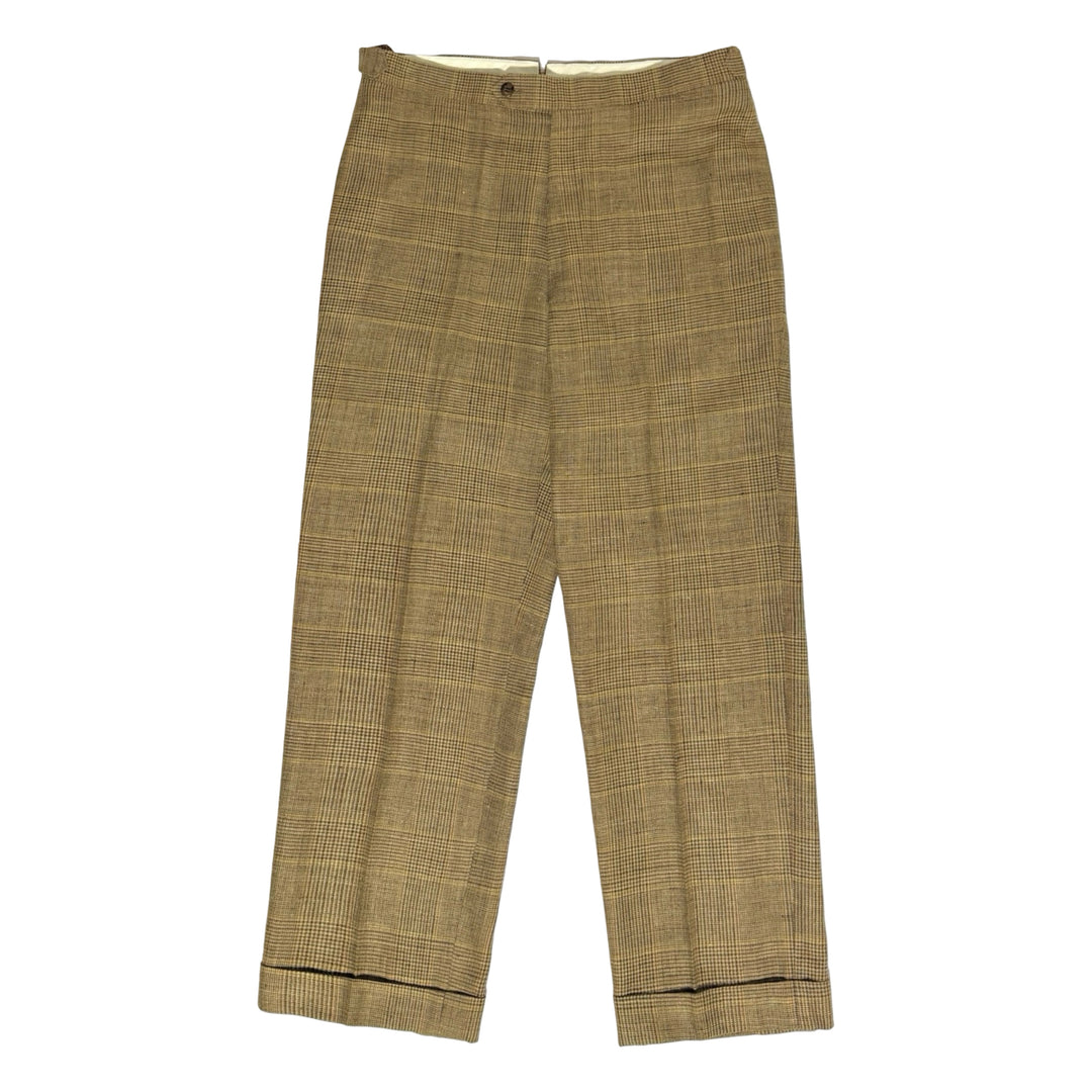 1990’S PAUL STUART MADE IN CANADA SIDE CINCH ITALIAN HERRINGBONE PLAID SUPERFINE WOVEN CUFFED TROUSER PANTS 36 X 30