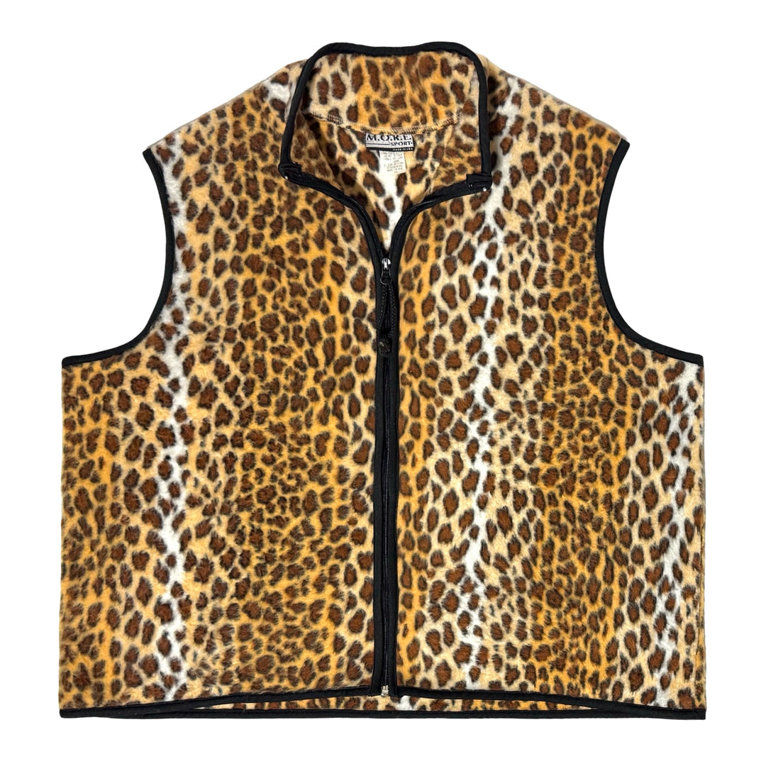 1980’S MORE SPORT MADE IN USA CROPPED LEOPARD PRINT SHERPA TECH FLEECE VEST XXL