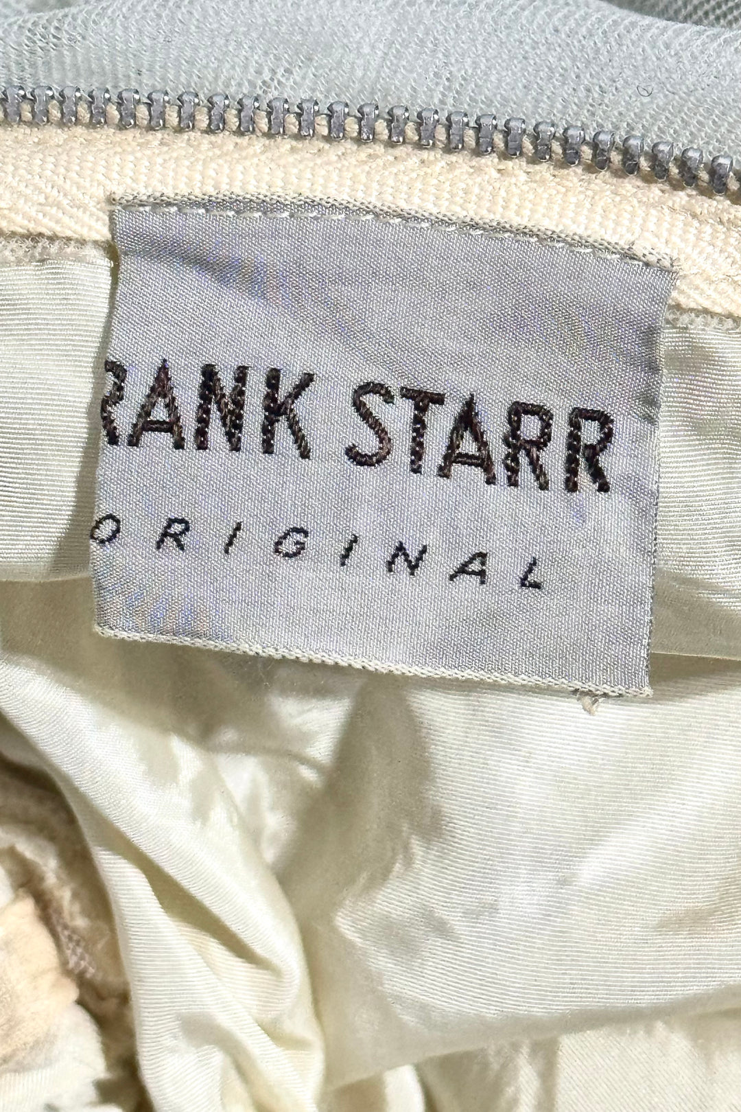 1950’S FRANK STARR MADE IN USA IVORY &amp; TURQUOISE TUTTLE PARTY DRESS X-SMALL