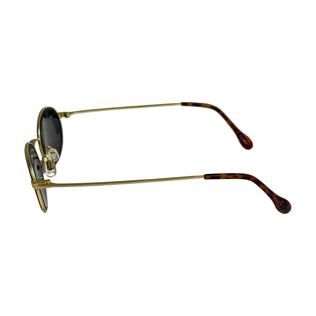 1990’S DEADSTOCK EURO OVAL WIRE GOLD FRAME TORTOISE SHELL DETAIL SMOKE LENS SUNGLASSES