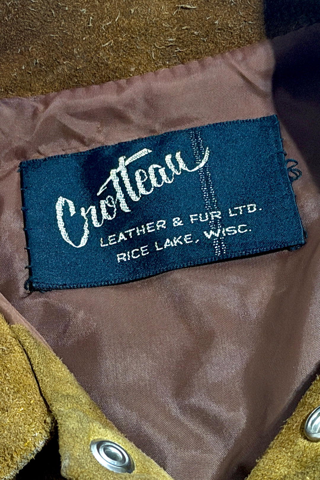 1950’S CROFFEAU MADE IN USA FADED CROPPED COGNAC LEATHER SUEDE WESTERN TRUCKER JACKET LARGE