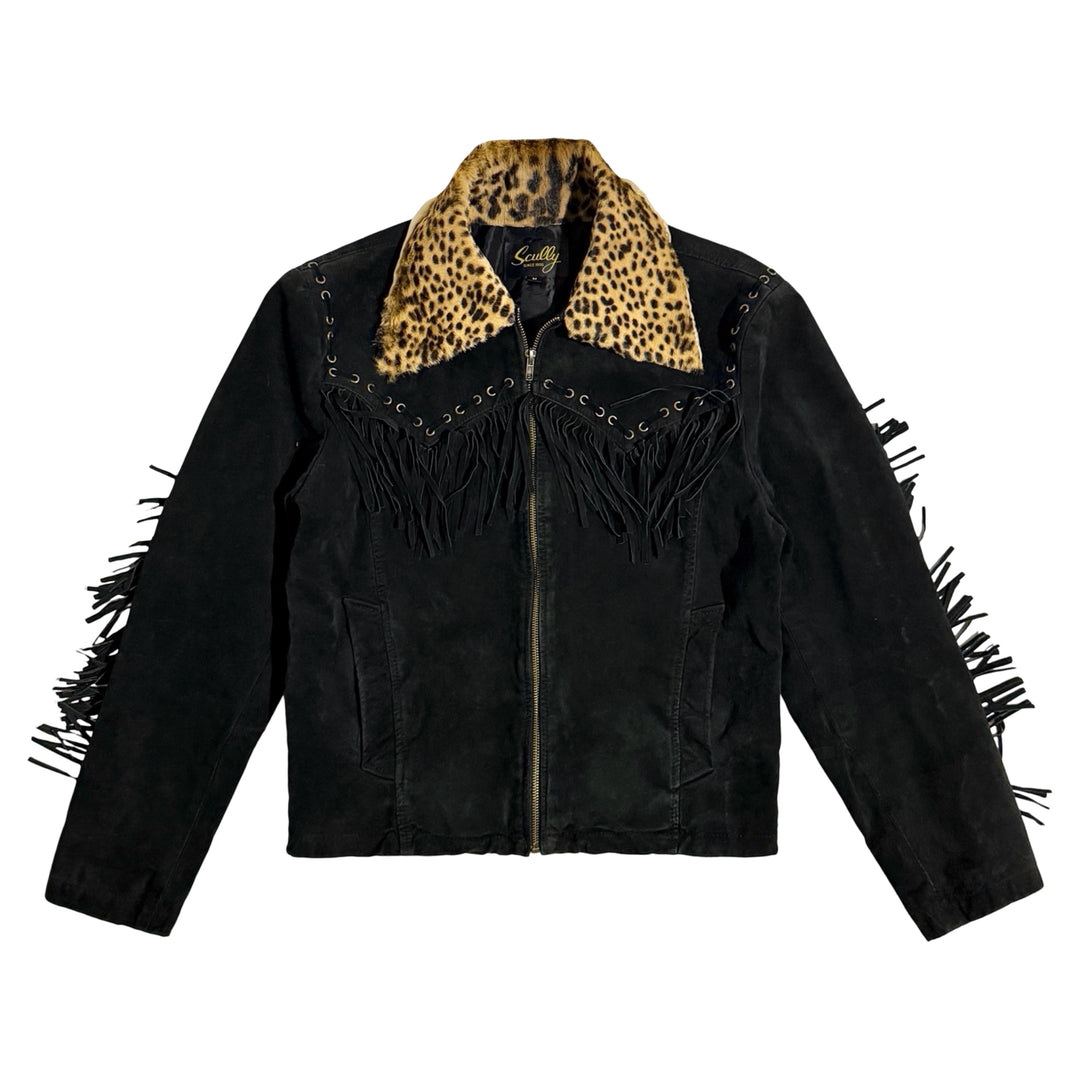 1980’S SCULLY MADE IN USA CROPPED REMOVABLE LEOPARD PRINT PONY COLLAR BRUSHED BLACK SUEDE LEATHER FRINGED WESTERN JACKET LARGE