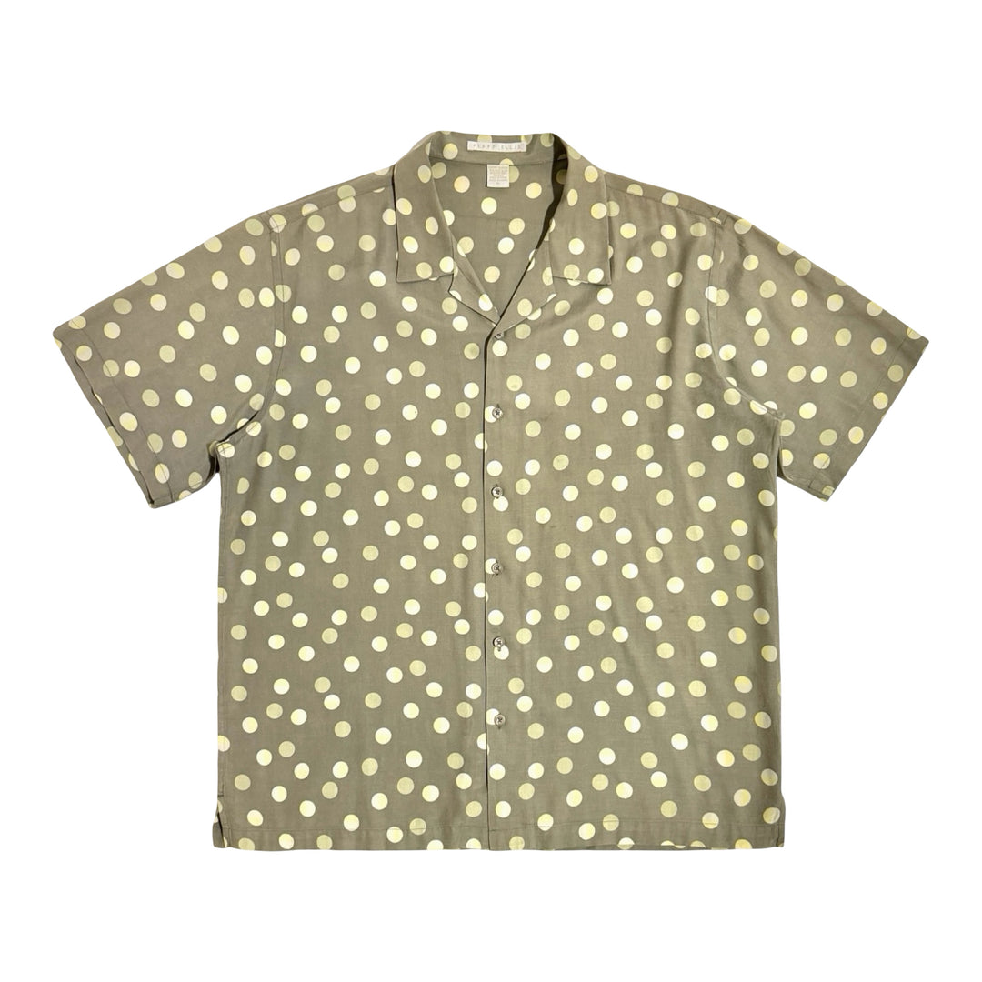 1980’S PERRY ELLIS SILK BLEND MOON 🌕 POLKA DOT PRINT CAMP COLLAR S/S B.D. LOUNGE SHIRT X-LARGE